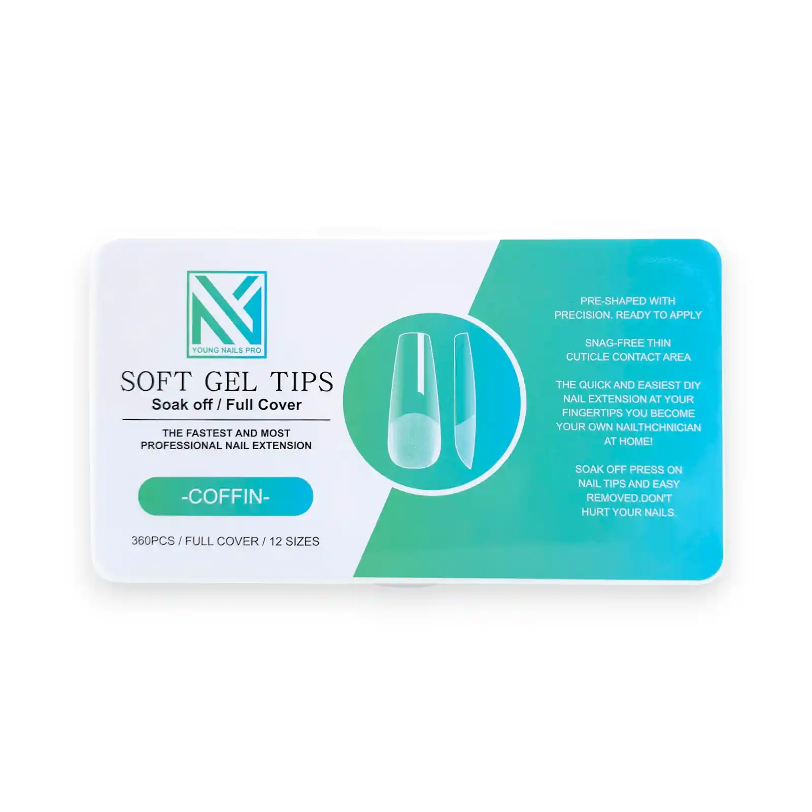 ژل تیپس کاشت ناخن یانگ نیلز پرو Young Nails Pro | فرم کافین Coffin (گلدانی) | بسته 360 عددی