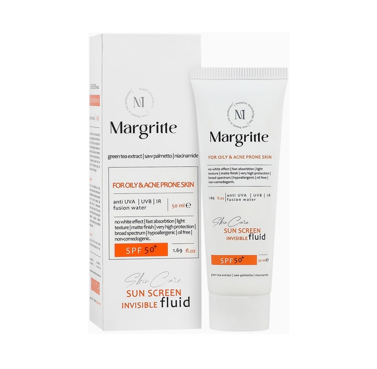 فلوئید ضد آفتاب بی رنگ مارگریت با SPF50 مناسب پوست چرب و مستعد آکنه حجم 50 میلی لیتر