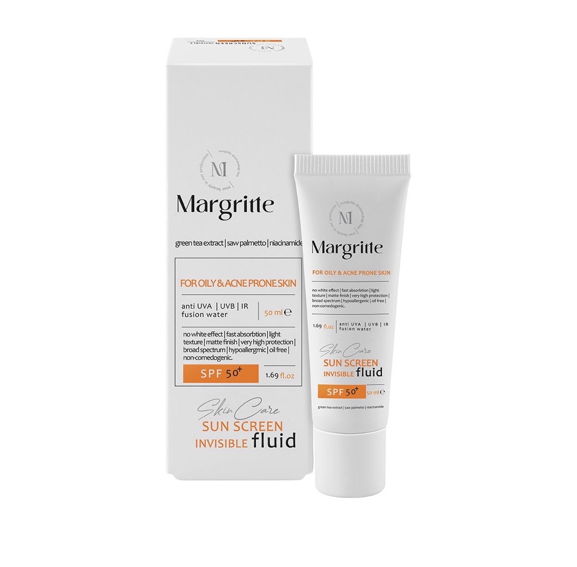 فلوئید ضد آفتاب بی رنگ مارگریت با SPF50 مناسب پوست نرمال تا خشک حجم 50 میلی لیتر