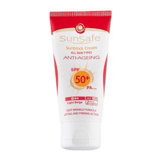 کرم ضد آفتاب و ضد چروک رنگی سان سیف با spf50 مناسب انواع پوست حجم 50 میلی لیتر