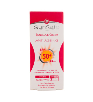 کرم ضد آفتاب و ضد چروک بی رنگ سان سیف با SPF50 مناسب انواع پوست حجم 50 میلی لیتر